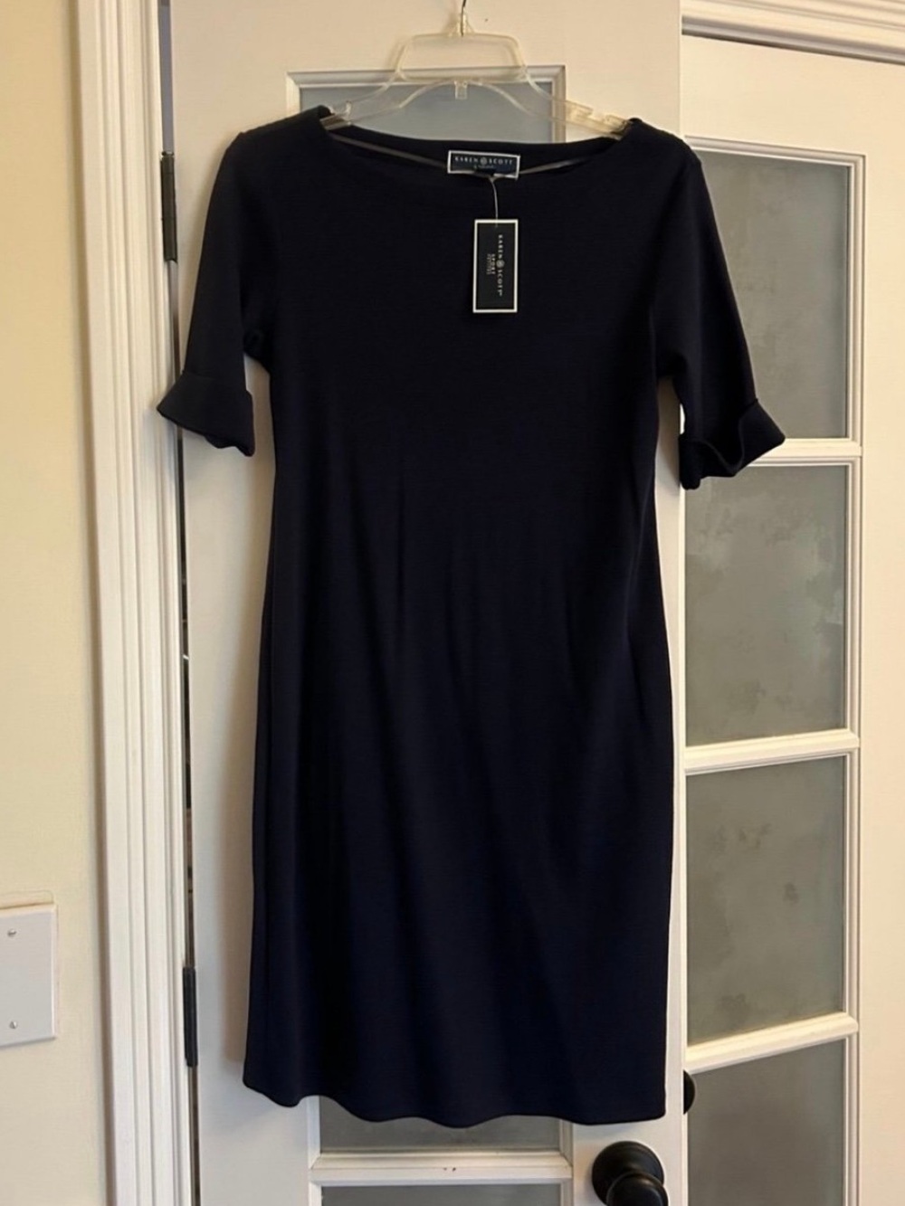 Karen Scott Navy Midi Dress with Ruffle Short Sleeves